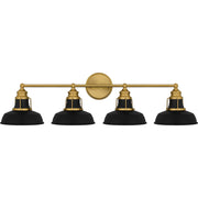 Quoizel Huxley 34in 4-Light Vanity Light | Industrial Aged Brass and Black Metal | Bathroom Vanity | 34.5 x 8.5 x 9 in | Model HUX8634AB