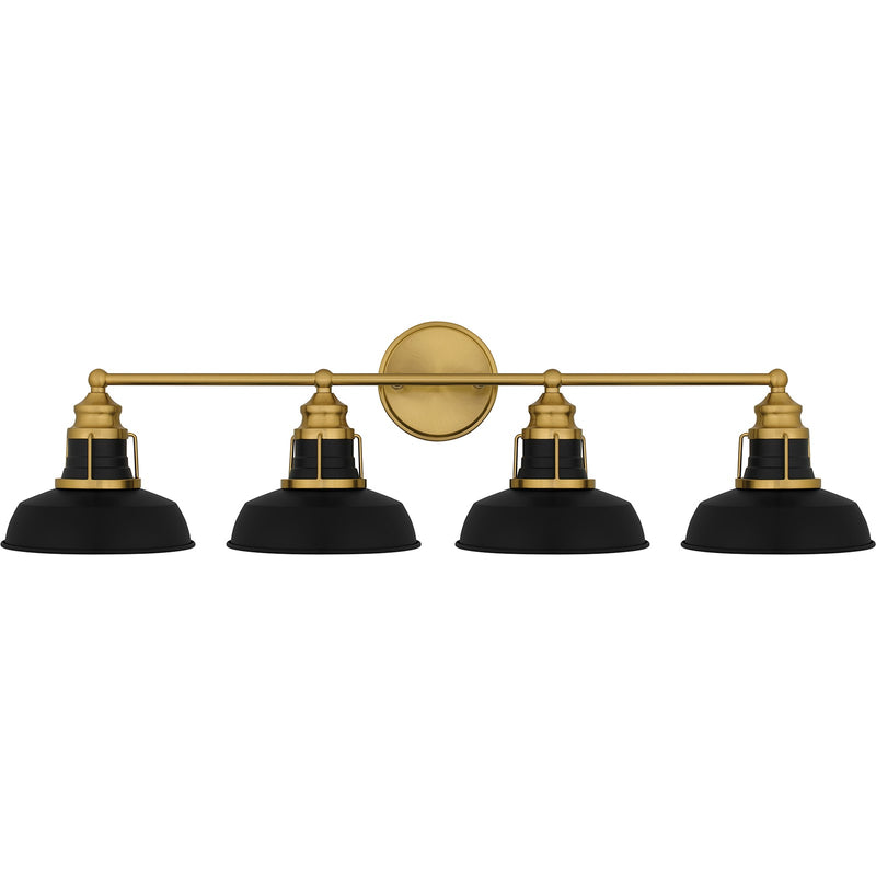 Quoizel Huxley 34in 4-Light Vanity Light | Industrial Aged Brass and Black Metal | Bathroom Vanity | 34.5 x 8.5 x 9 in | Model HUX8634AB