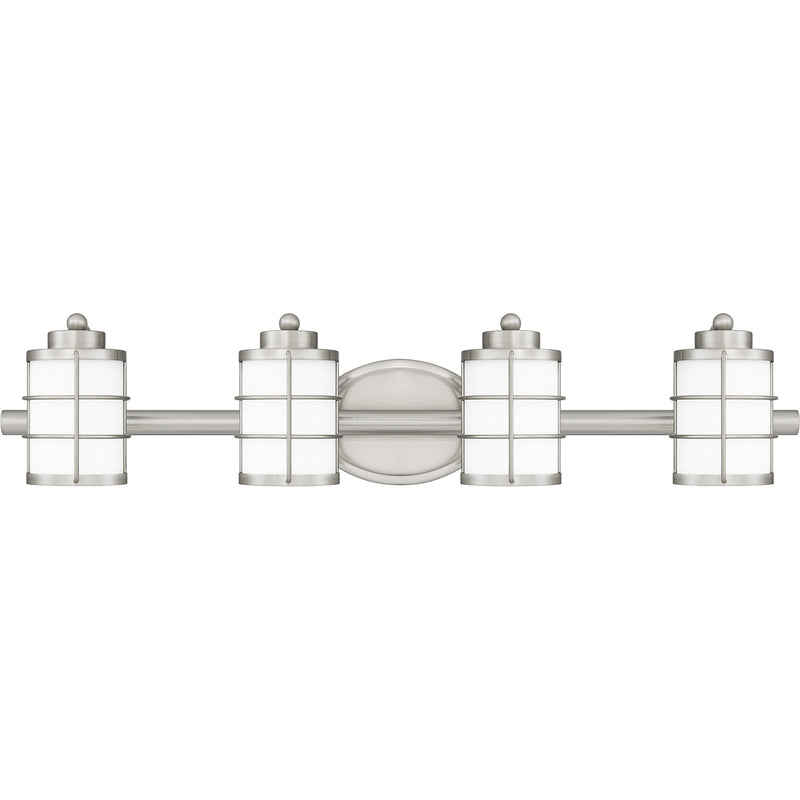 Quoizel Hazlett 31in 4-Light Vanity Light | Industrial Brushed Nickel and Opal Etched Glass | Bathroom Vanity | 31 x 7 x 6.75 in | Model HZT8631BN
