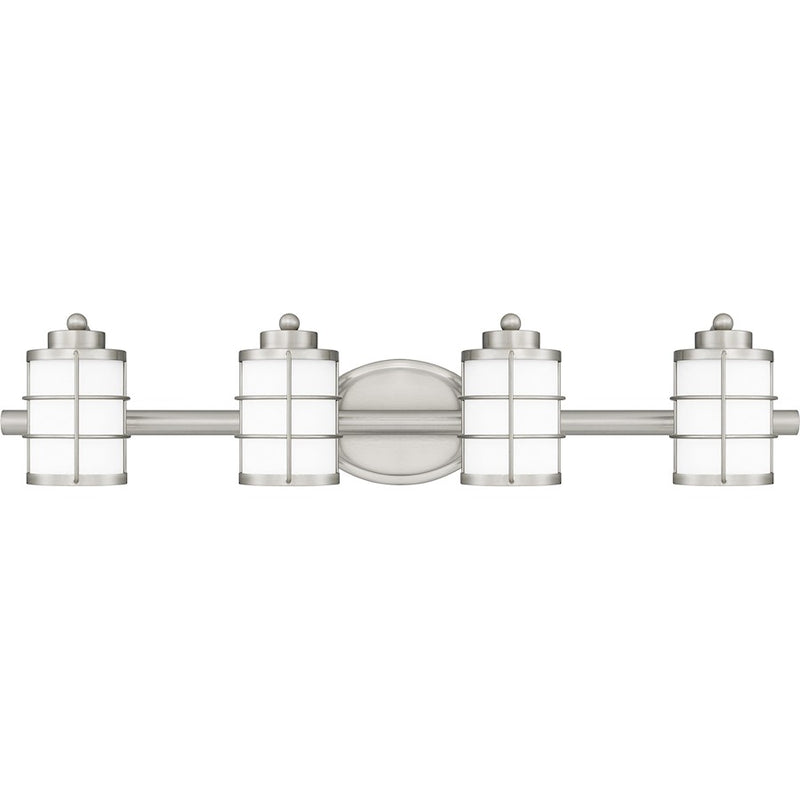 Quoizel Hazlett 31in 4-Light Vanity Light | Industrial Brushed Nickel and Opal Etched Glass | Bathroom Vanity | 31 x 7 x 6.75 in | Model HZT8631BN