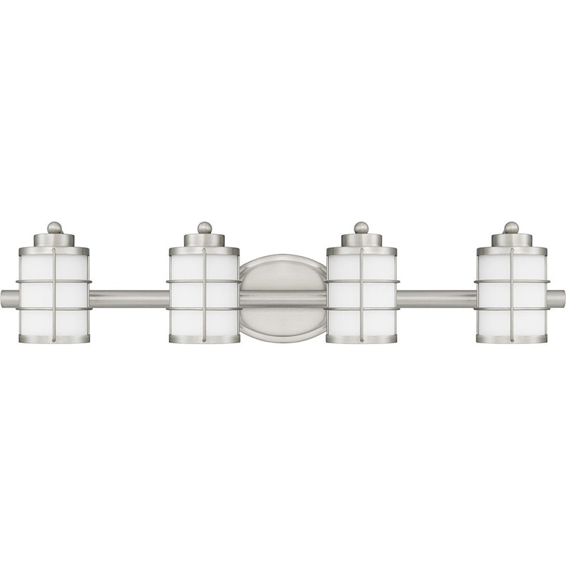 Quoizel Hazlett 31in 4-Light Vanity Light | Industrial Brushed Nickel and Opal Etched Glass | Bathroom Vanity | 31 x 7 x 6.75 in | Model HZT8631BN