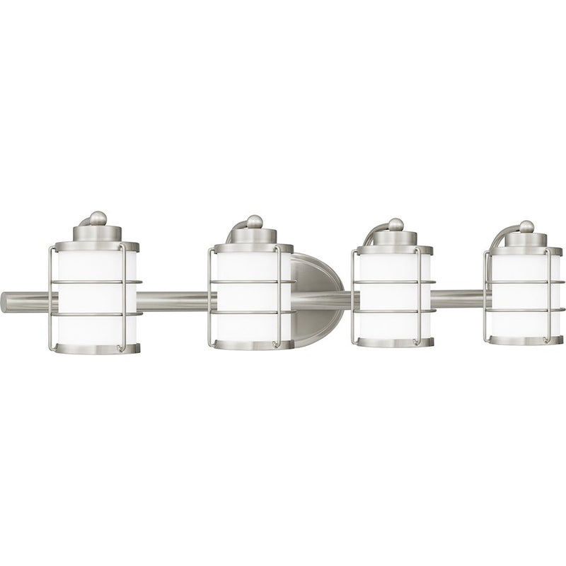Quoizel Hazlett 31in 4-Light Vanity Light | Industrial Brushed Nickel and Opal Etched Glass | Bathroom Vanity | 31 x 7 x 6.75 in | Model HZT8631BN