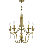 Quoizel Joules 25in 5-Light Chandelier | Traditional Aged Brass Steel with Crystal Drops | Dining Room & Foyer | 25 x 25 x 24.25 in | Model JOU5025AB