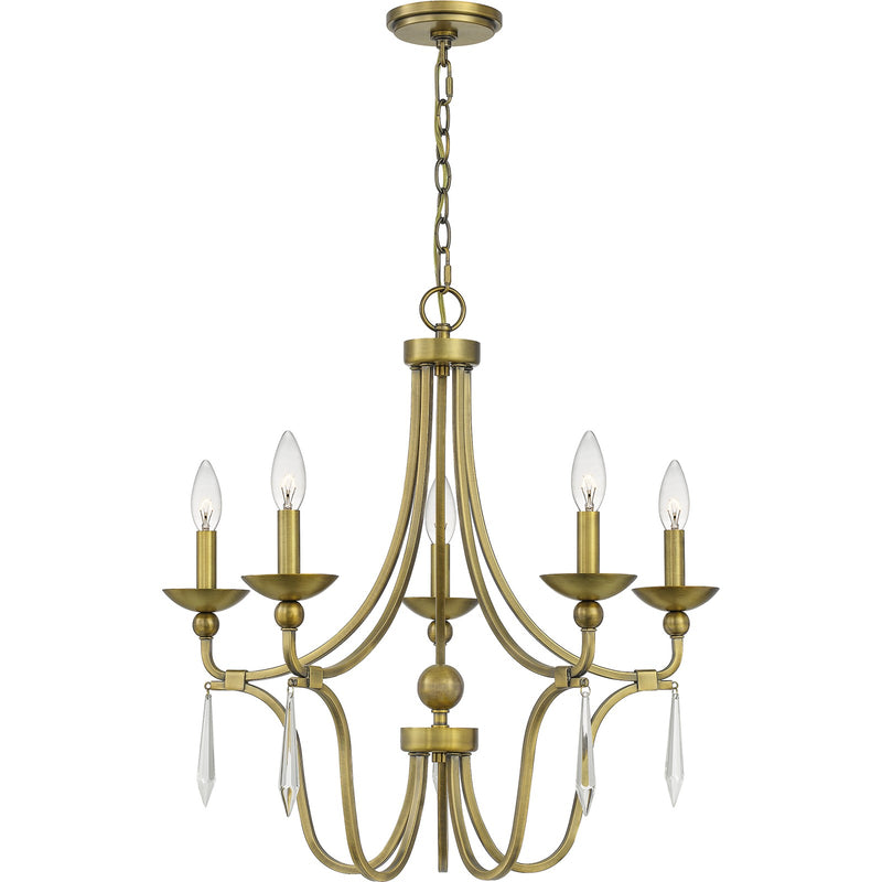 Quoizel Joules 25in 5-Light Chandelier | Traditional Aged Brass Steel with Crystal Drops | Dining Room & Foyer | 25 x 25 x 24.25 in | Model JOU5025AB