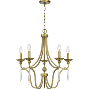 Quoizel Joules 25in 5-Light Chandelier | Traditional Aged Brass Steel with Crystal Drops | Dining Room & Foyer | 25 x 25 x 24.25 in | Model JOU5025AB