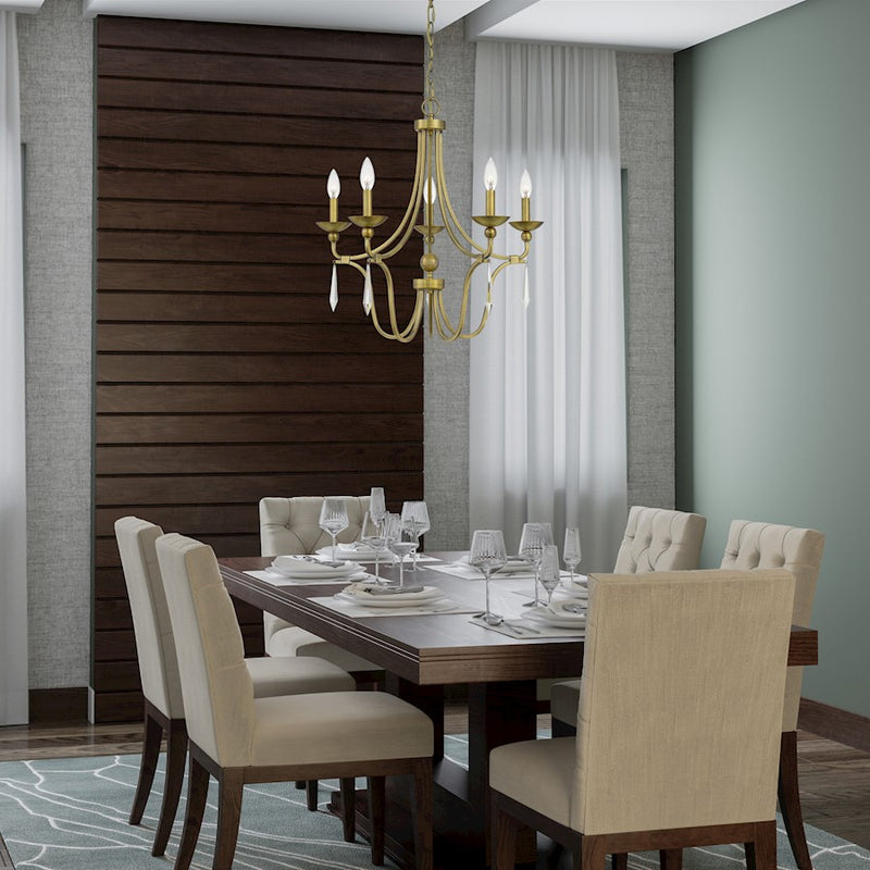 Quoizel Joules 25in 5-Light Chandelier | Traditional Aged Brass Steel with Crystal Drops | Dining Room & Foyer | 25 x 25 x 24.25 in | Model JOU5025AB
