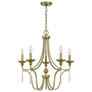 Quoizel Joules 25in 5-Light Chandelier | Traditional Aged Brass Steel with Crystal Drops | Dining Room & Foyer | 25 x 25 x 24.25 in | Model JOU5025AB