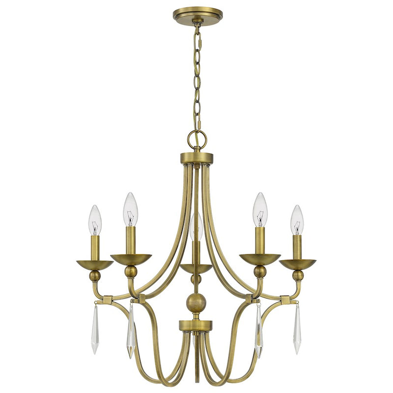 Quoizel Joules 25in 5-Light Chandelier | Traditional Aged Brass Steel with Crystal Drops | Dining Room & Foyer | 25 x 25 x 24.25 in | Model JOU5025AB