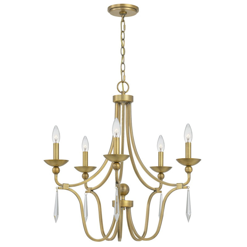 Quoizel Joules 25in 5-Light Chandelier | Traditional Aged Brass Steel with Crystal Drops | Dining Room & Foyer | 25 x 25 x 24.25 in | Model JOU5025AB