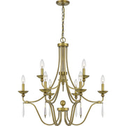Quoizel Joules 32in 9-Light Chandelier | Traditional Aged Brass Steel with Crystal Drops | Dining Room & Foyer | 32 x 32 x 31 in | Model JOU5032AB