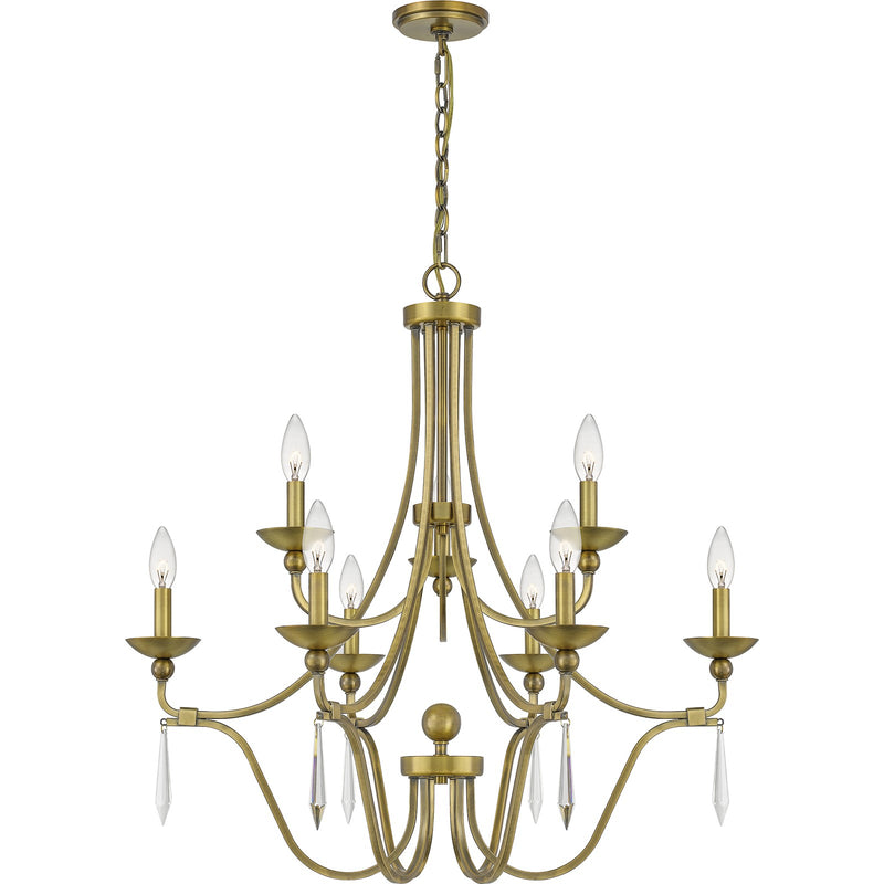 Quoizel Joules 32in 9-Light Chandelier | Traditional Aged Brass Steel with Crystal Drops | Dining Room & Foyer | 32 x 32 x 31 in | Model JOU5032AB