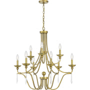 Quoizel Joules 32in 9-Light Chandelier | Traditional Aged Brass Steel with Crystal Drops | Dining Room & Foyer | 32 x 32 x 31 in | Model JOU5032AB