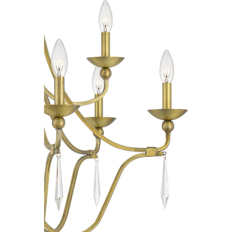 Quoizel Joules 32in 9-Light Chandelier | Traditional Aged Brass Steel with Crystal Drops | Dining Room & Foyer | 32 x 32 x 31 in | Model JOU5032AB