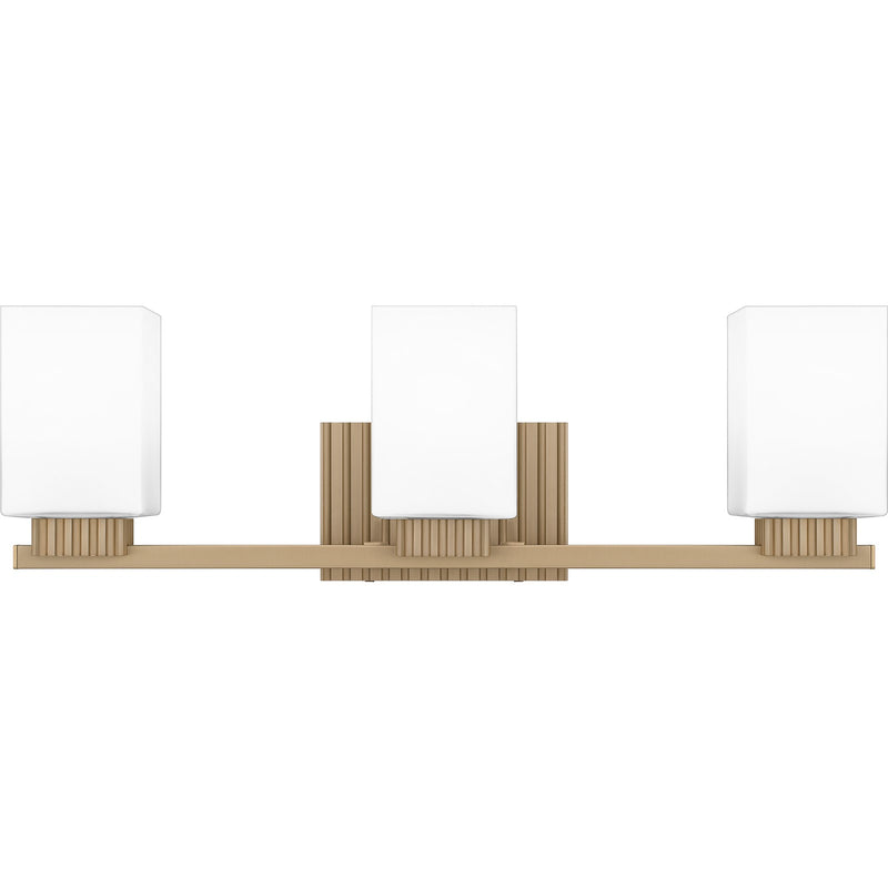 Quoizel Joyner 23in 3-Light Bath Light | Bronze Gold Steel and Opal Etched Glass | Bathroom Vanity | 23 x 6.5 x 7.25 in | Model JOY8623BGD