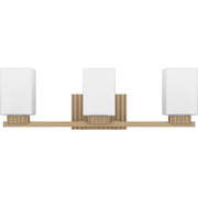 Quoizel Joyner 23in 3-Light Bath Light | Bronze Gold Steel and Opal Etched Glass | Bathroom Vanity | 23 x 6.5 x 7.25 in | Model JOY8623BGD