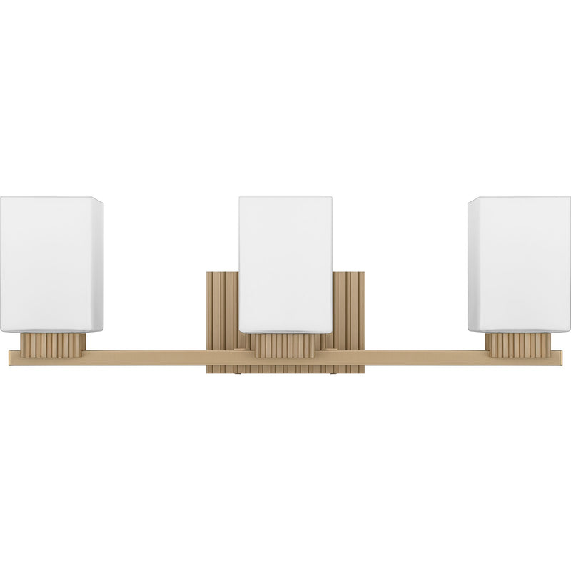 Quoizel Joyner 23in 3-Light Bath Light | Bronze Gold Steel and Opal Etched Glass | Bathroom Vanity | 23 x 6.5 x 7.25 in | Model JOY8623BGD