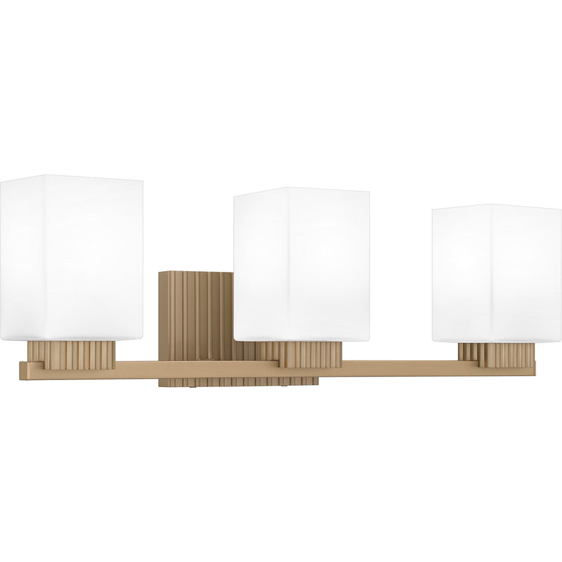 Quoizel Joyner 23in 3-Light Bath Light | Bronze Gold Steel and Opal Etched Glass | Bathroom Vanity | 23 x 6.5 x 7.25 in | Model JOY8623BGD