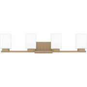 Quoizel Joyner 32in 4-Light Bath Light | Bronze Gold Steel and Opal Etched Glass | Bathroom Vanity | 32 x 6.5 x 7.25 in | Model JOY8632BGD
