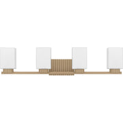 Quoizel Joyner 32in 4-Light Bath Light | Bronze Gold Steel and Opal Etched Glass | Bathroom Vanity | 32 x 6.5 x 7.25 in | Model JOY8632BGD