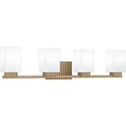 Quoizel Joyner 32in 4-Light Bath Light | Bronze Gold Steel and Opal Etched Glass | Bathroom Vanity | 32 x 6.5 x 7.25 in | Model JOY8632BGD