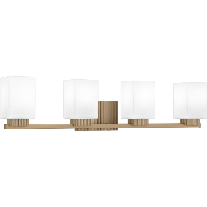 Quoizel Joyner 32in 4-Light Bath Light | Bronze Gold Steel and Opal Etched Glass | Bathroom Vanity | 32 x 6.5 x 7.25 in | Model JOY8632BGD