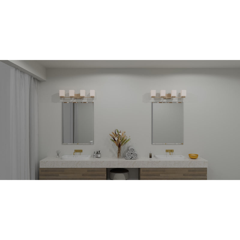 Quoizel Joyner 32in 4-Light Bath Light | Bronze Gold Steel and Opal Etched Glass | Bathroom Vanity | 32 x 6.5 x 7.25 in | Model JOY8632BGD