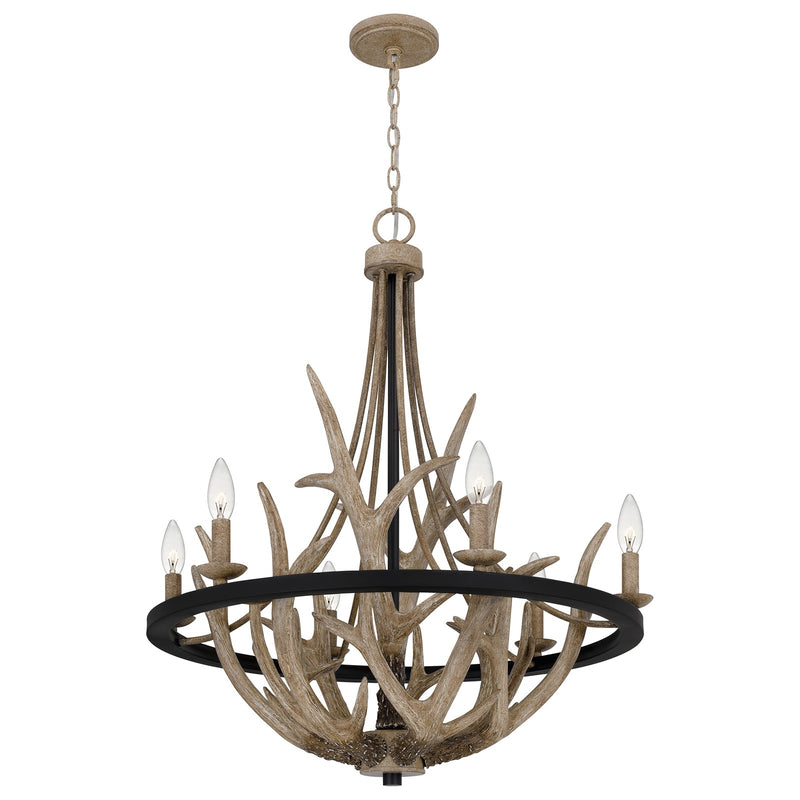 Quoizel Journey 26in 6-Light Chandelier | Rustic Earth Black Steel and Resin Antler | Dining Room & Foyer | 26.25 x 26.25 x 31 in | Model JR5006EK