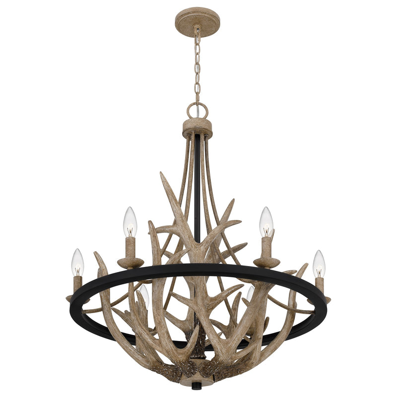Quoizel Journey 26in 6-Light Chandelier | Rustic Earth Black Steel and Resin Antler | Dining Room & Foyer | 26.25 x 26.25 x 31 in | Model JR5006EK