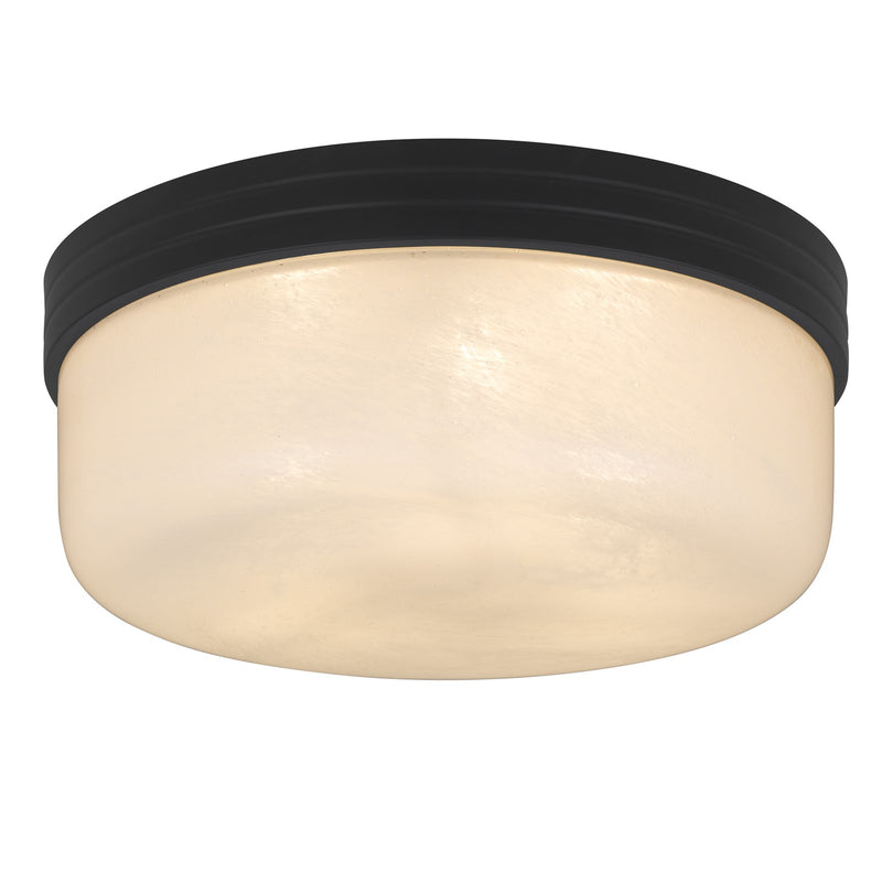 Quoizel Langford 15in 3-Light Flush Mount | Transitional Matte Black and Cloud Seedy Glass | Bedroom & Hallway | 15 x 15 x 6 in | Model LANG1615MBK