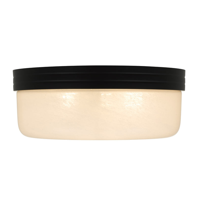Quoizel Langford 15in 3-Light Flush Mount | Transitional Matte Black and Cloud Seedy Glass | Bedroom & Hallway | 15 x 15 x 6 in | Model LANG1615MBK