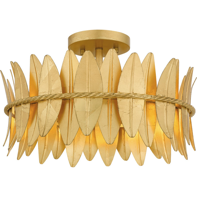 Quoizel Liza 16in 3-Light Semi-Flush Mount | Glam Gold Leaf and Metal Leaf Shade | Hallway & Foyer | 16 x 16 x 9.5 in | Model LIZ1716GFL
