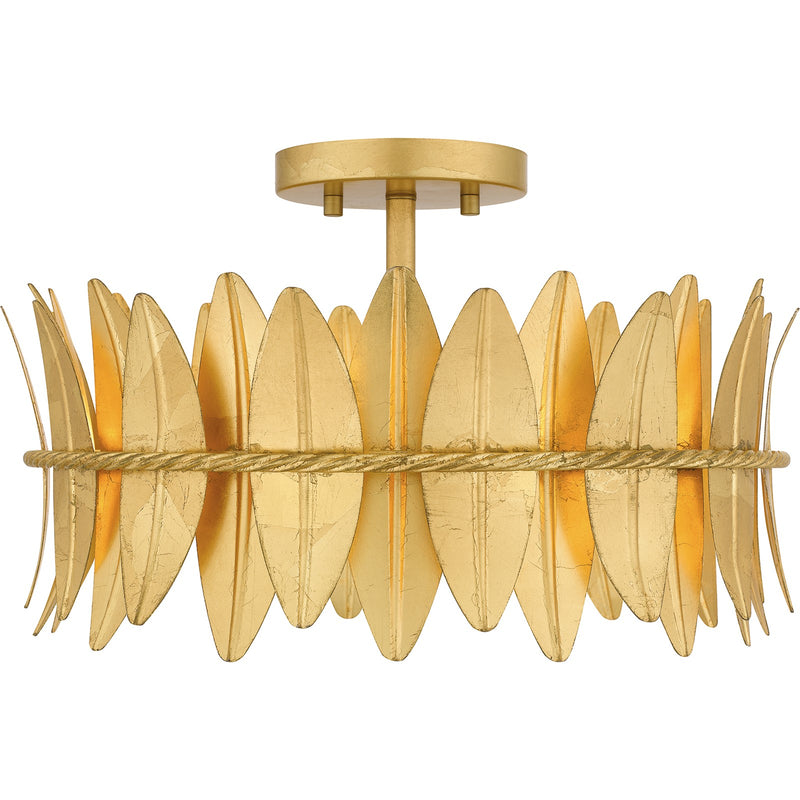 Quoizel Liza 16in 3-Light Semi-Flush Mount | Glam Gold Leaf and Metal Leaf Shade | Hallway & Foyer | 16 x 16 x 9.5 in | Model LIZ1716GFL