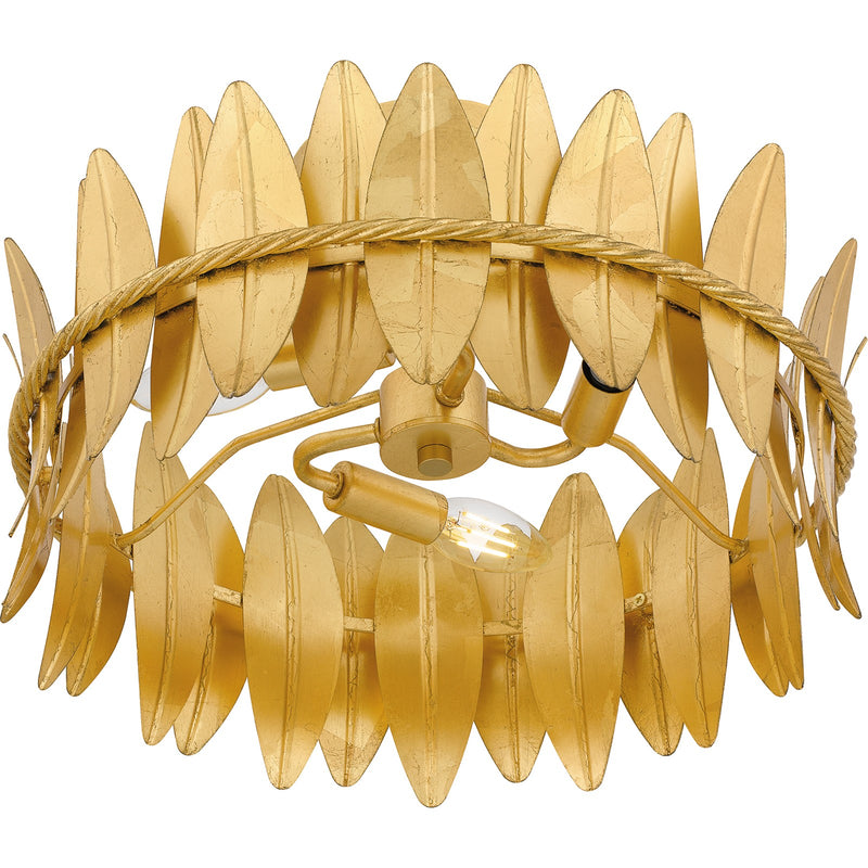 Quoizel Liza 16in 3-Light Semi-Flush Mount | Glam Gold Leaf and Metal Leaf Shade | Hallway & Foyer | 16 x 16 x 9.5 in | Model LIZ1716GFL