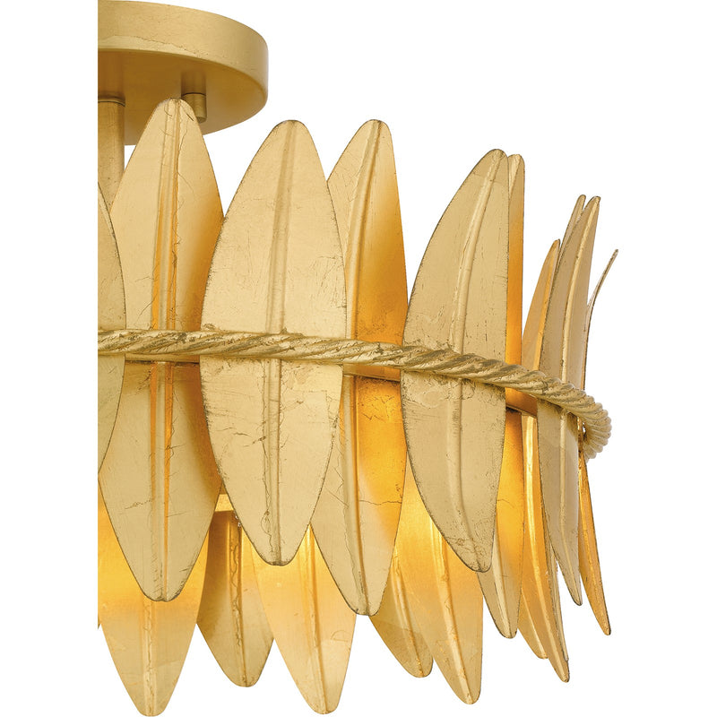 Quoizel Liza 16in 3-Light Semi-Flush Mount | Glam Gold Leaf and Metal Leaf Shade | Hallway & Foyer | 16 x 16 x 9.5 in | Model LIZ1716GFL