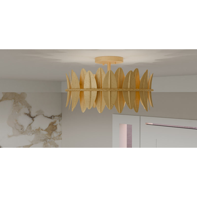 Quoizel Liza 16in 3-Light Semi-Flush Mount | Glam Gold Leaf and Metal Leaf Shade | Hallway & Foyer | 16 x 16 x 9.5 in | Model LIZ1716GFL