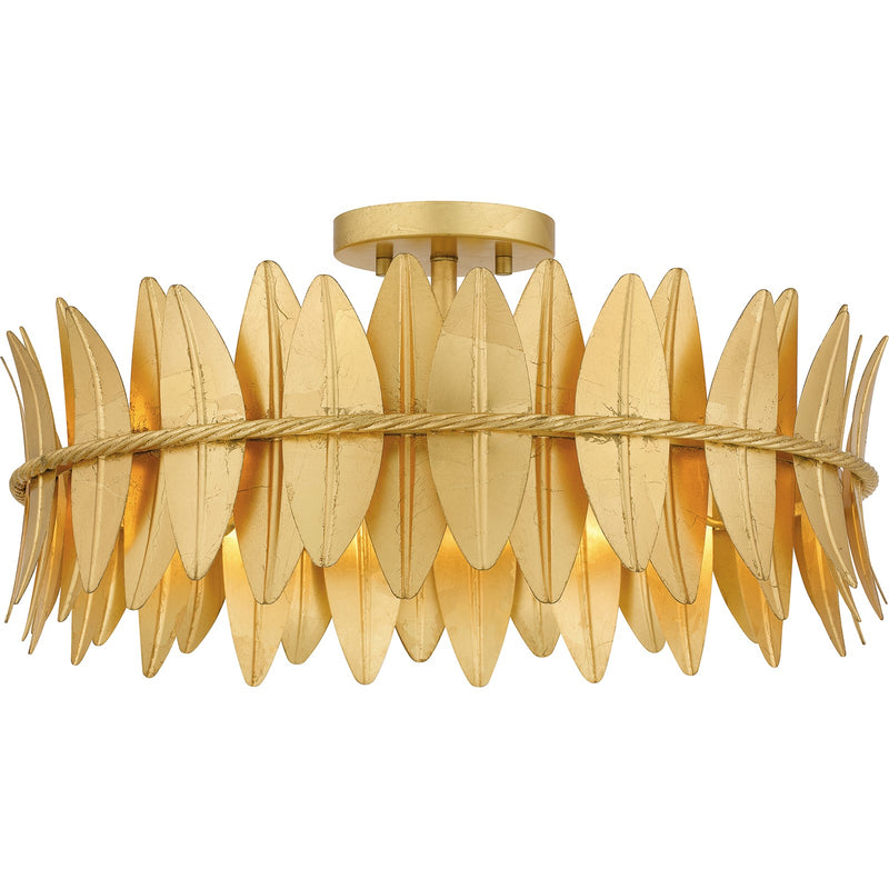 Quoizel Liza 20in 4-Light Semi-Flush Mount | Glam Gold Leaf and Metal Leaf Shade | Foyer & Living Room | 20.5 x 20.5 x 9.5 in | Model LIZ1720GFL