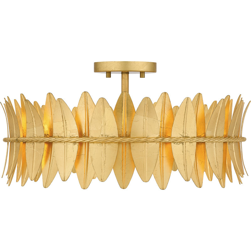 Quoizel Liza 20in 4-Light Semi-Flush Mount | Glam Gold Leaf and Metal Leaf Shade | Foyer & Living Room | 20.5 x 20.5 x 9.5 in | Model LIZ1720GFL