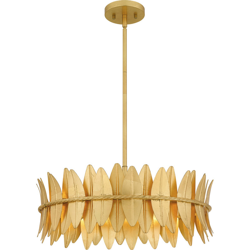Quoizel Liza 20in 4-Light Pendant | Glam Gold Leaf and Metal Leaf Shade | Kitchen Island & Foyer | 20.5 x 20.5 x 8.75 in | Model LIZ2820GFL