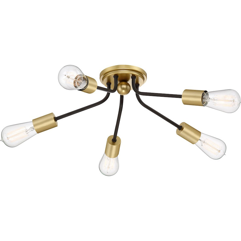 Quoizel Latitude 27in 5-Light Flush Mount | Midcentury Western Bronze and Painted Brass | Bedroom & Living Room Ceiling Light | Model LTT1628WT