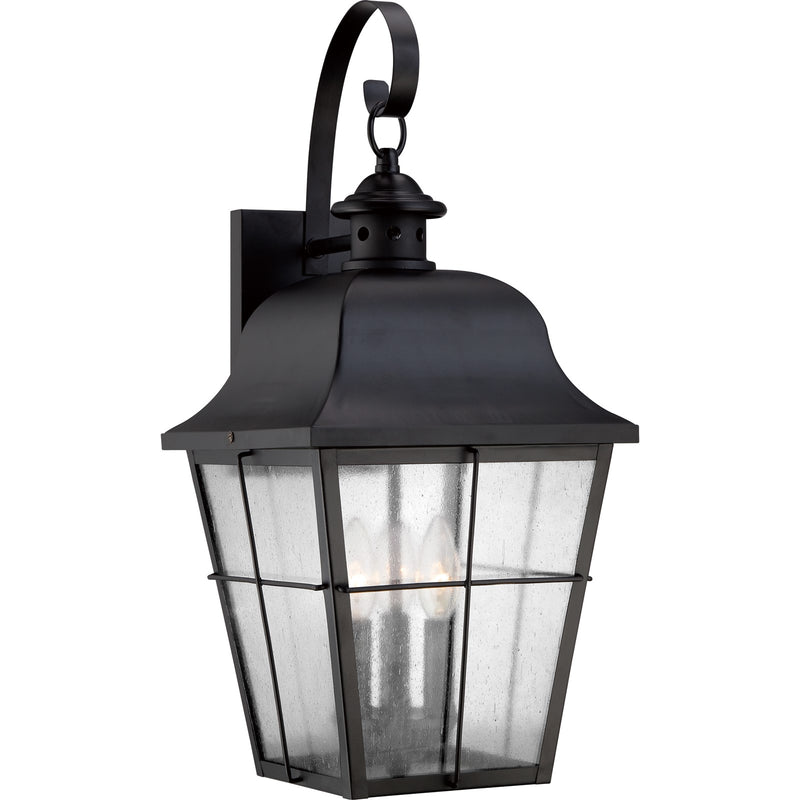 Quoizel Millhouse 11in 3-Light Outdoor Lantern | Traditional Mystic Black and Clear Seedy Glass | Front Porch & Entryway | Model MHE8410K