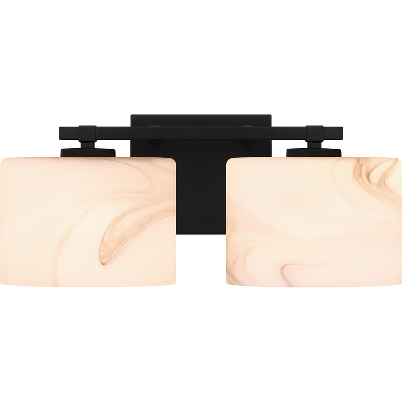 Quoizel Mather 15in 2-Light Vanity Light | Modern Matte Black and Marble Glass | Bathroom Vanity | 15 x 5.25 x 6.25 in | Model MTH8615MBK