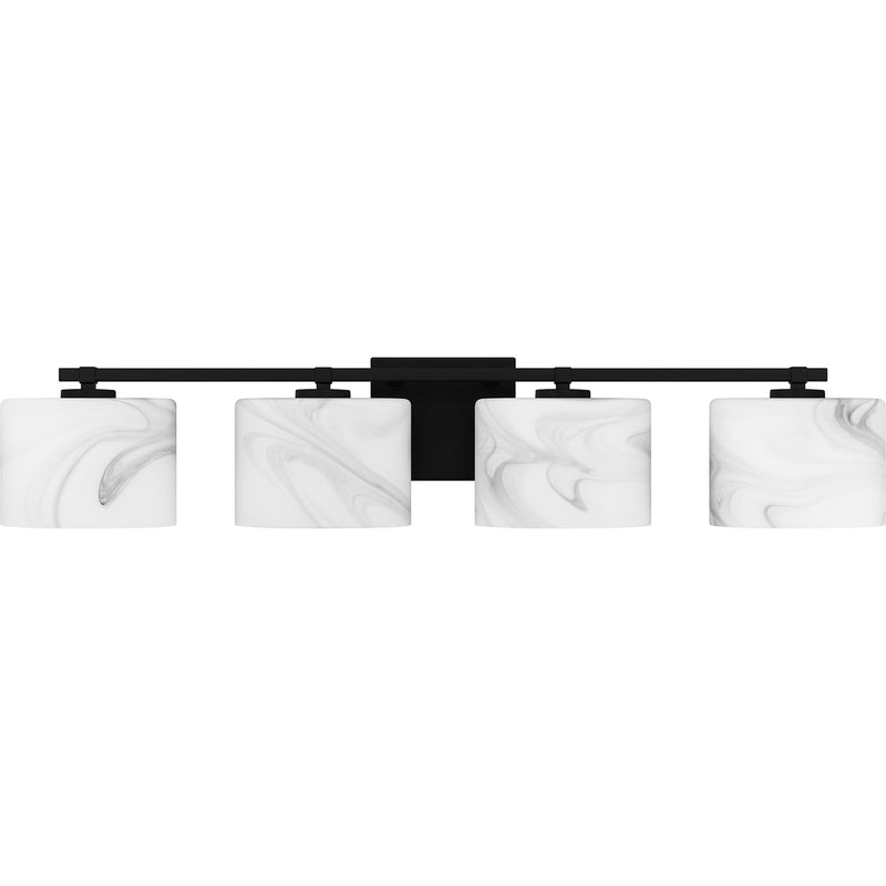 Quoizel Mather 32in 4-Light Vanity Light | Modern Matte Black and White Marble Glass | Bathroom Vanity & Powder Room | Model MTH8632MBK