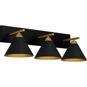 Quoizel Mastro 27in 3-Light Vanity Light | Industrial Matte Black and Gold Metal | Bathroom Vanity & Powder Room | Model MTO8627MBK