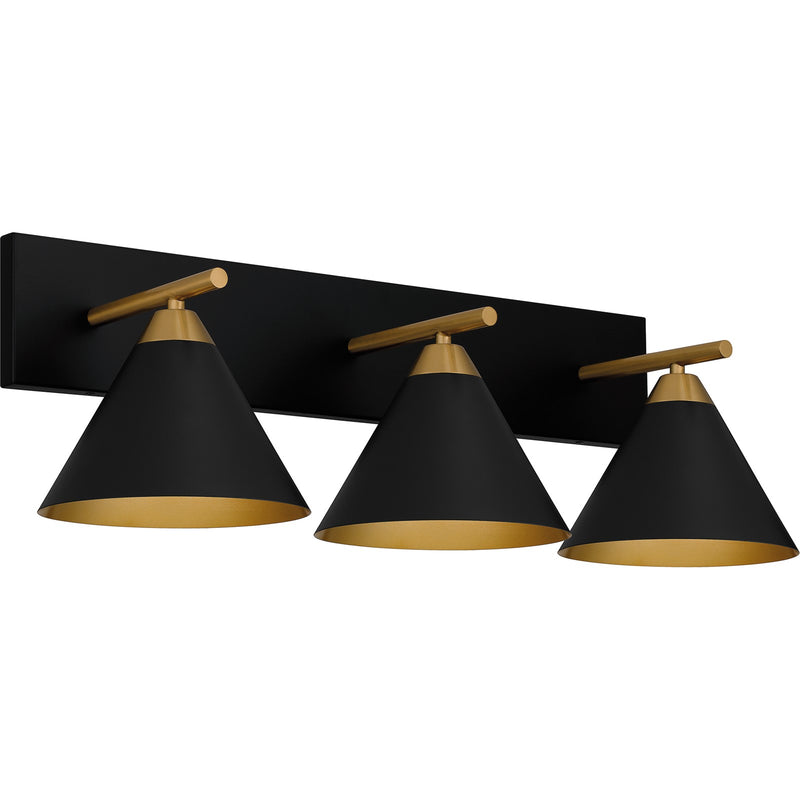 Quoizel Mastro 27in 3-Light Vanity Light | Industrial Matte Black and Gold Metal | Bathroom Vanity & Powder Room | Model MTO8627MBK