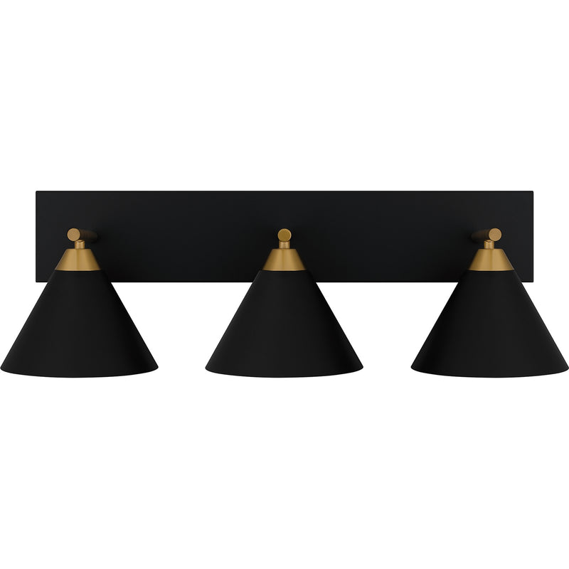 Quoizel Mastro 27in 3-Light Vanity Light | Industrial Matte Black and Gold Metal | Bathroom Vanity & Powder Room | Model MTO8627MBK