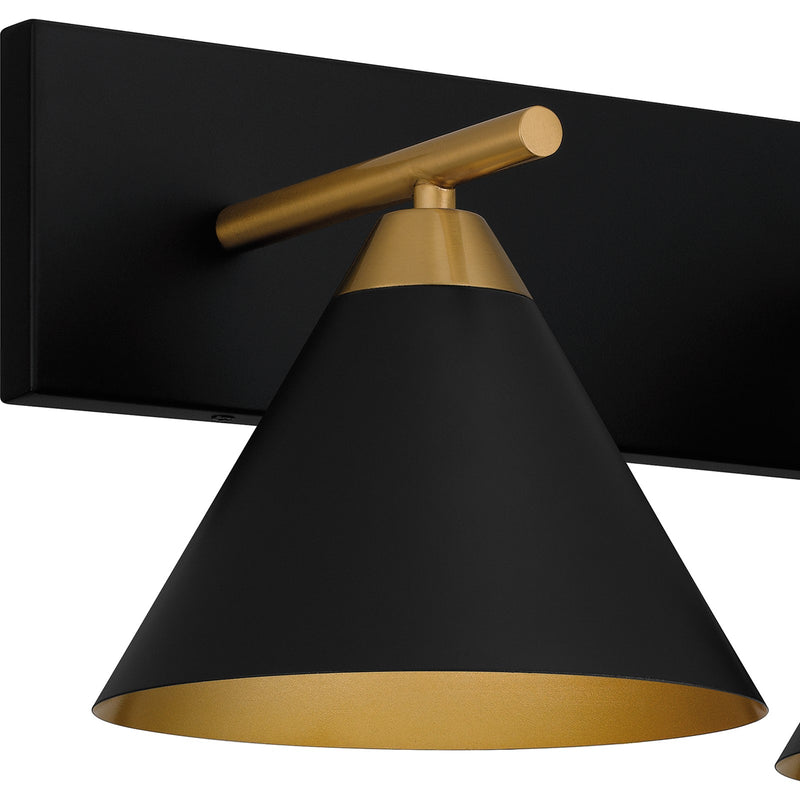 Quoizel Mastro 27in 3-Light Vanity Light | Industrial Matte Black and Gold Metal | Bathroom Vanity & Powder Room | Model MTO8627MBK