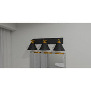 Quoizel Mastro 27in 3-Light Vanity Light | Industrial Matte Black and Gold Metal | Bathroom Vanity & Powder Room | Model MTO8627MBK