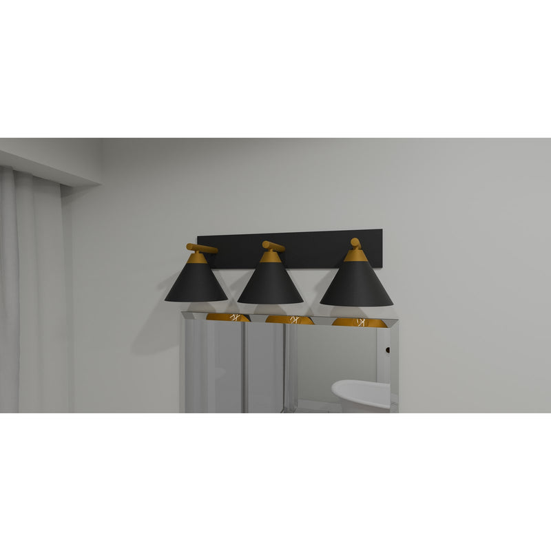 Quoizel Mastro 27in 3-Light Vanity Light | Industrial Matte Black and Gold Metal | Bathroom Vanity & Powder Room | Model MTO8627MBK
