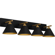 Quoizel Mastro 37in 4-Light Vanity Light | Modern Matte Black and Gold Steel | Bathroom Vanity | 37.5 x 9.5 x 8.75 in | Model MTO8637MBK