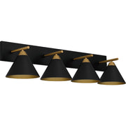 Quoizel Mastro 37in 4-Light Vanity Light | Modern Matte Black and Gold Steel | Bathroom Vanity | 37.5 x 9.5 x 8.75 in | Model MTO8637MBK